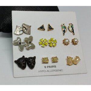 Curated bundle 9 pairs small stud/post earrings flowers animals faux gemstones.